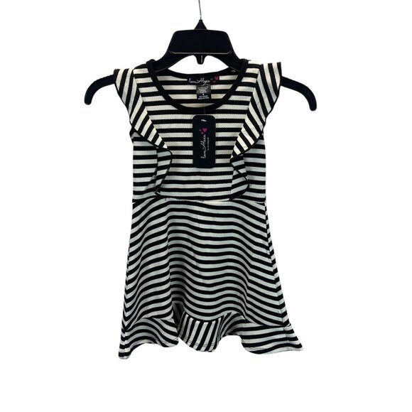 Love Alexa Girls Striped Dress Size 4 Black White Ruffle Sleeve Stretch Casual - Picture 1 of 5